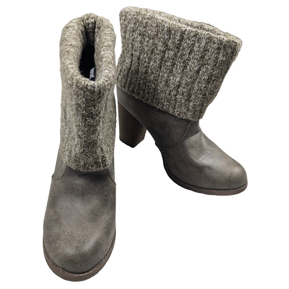 Muk Luks Boots Women's Sweater Cuff Top Gray Heel Shoe Size‎ 9 Fall Cozy Casual